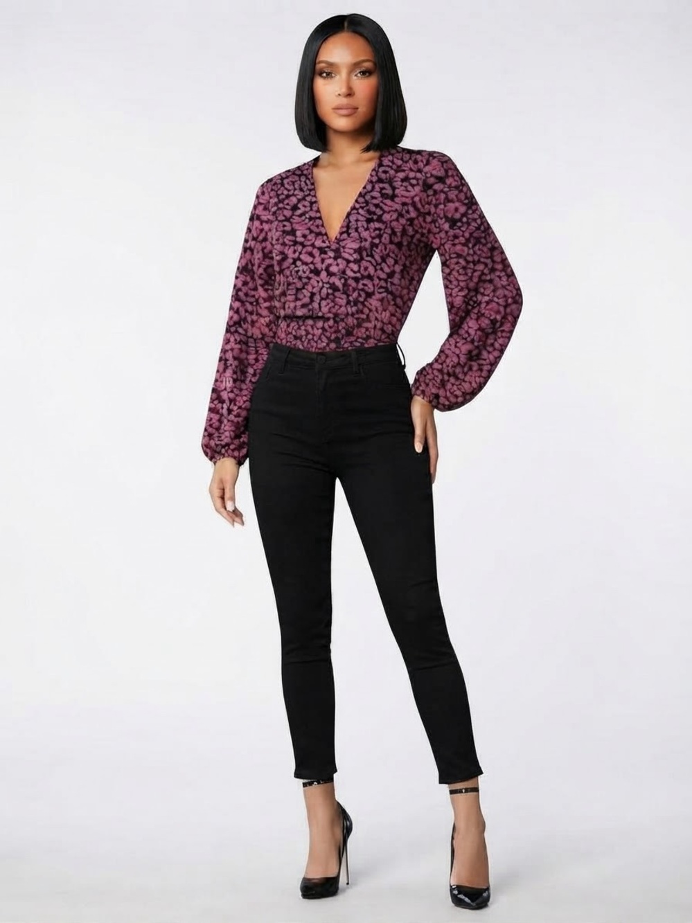 VENUS Animal Print V Neck Sparkle Top